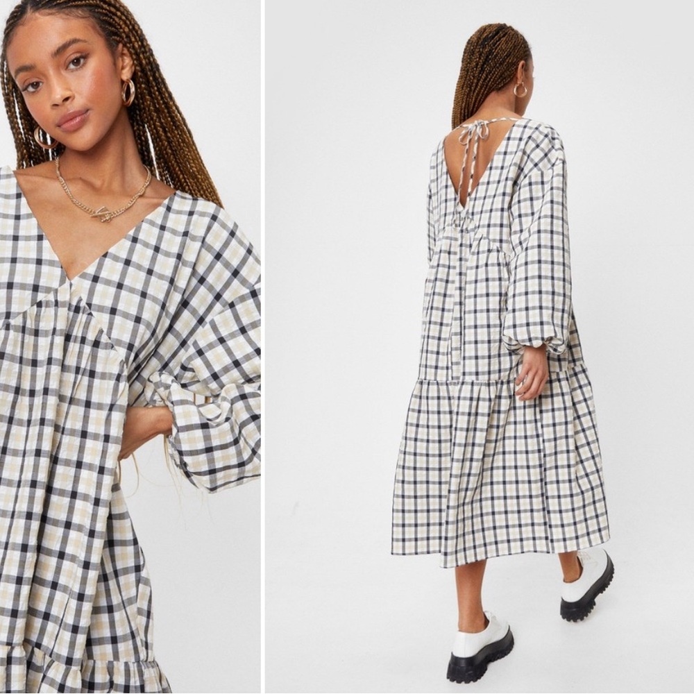 Nasty Gal - Long Sleeve Check Midi Smock Dress - Picture 4 of 5